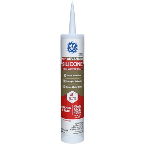 GE Advanced Silicone Caulk for Kitchen & Bathroom, Clear, 10 fl oz Cartridge, 1 Pack - 100% Waterproof Silicone Sealant, 5X Stronger Adhesion, Shrink & Crack Proof