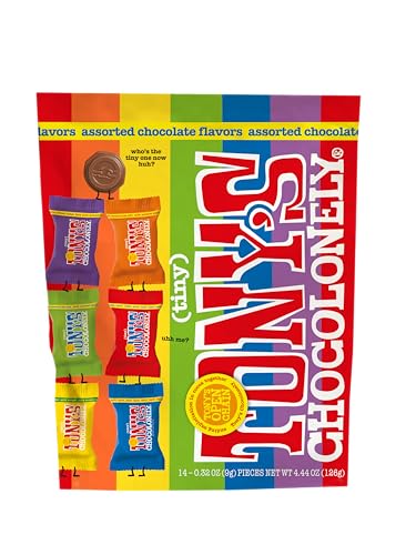 Tony’s Chocolonely Assorted Chocolate Candy Pieces, Belgian Milk & Dark Chocolate, Caramel Sea Salt, Almond Sea Salt, Honey Almond Nougat, Pretzel Toffee, Made From Quality Fairtrade Cocoa, 4.44 Oz