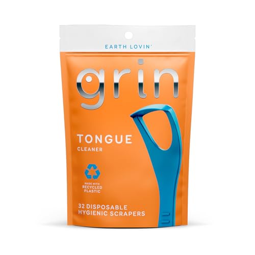 GRIN Tongue Cleaner, 32 Count, Disposable Tongue Cleaner, Hygienic Scraper, Recycled Plastic, Clean Tongue, Promote Fresh Breath, Includes Safe Fold- Back Tooth Pick