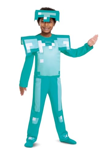 Minecraft Diamond Armour Fancy Dress for Kids, Official Minecraft by Disguise, Includes Pixel Detailing and Diamond Armour Headwear, Perfect for Halloween, in Ages 3-4, 4-6 and 7-8 Years