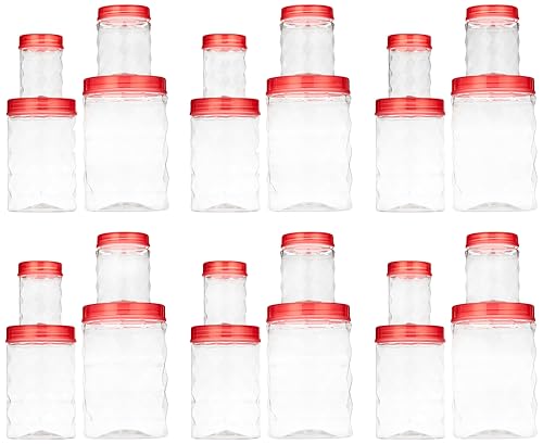 Clazkit Plastic Pet Storage Jar and Container, Set of 24 (120ml, 350ml, 650ml, 1.20ltrs Each), Red|Air Tight |Kitchen Organiser|BPA Free|Stackable