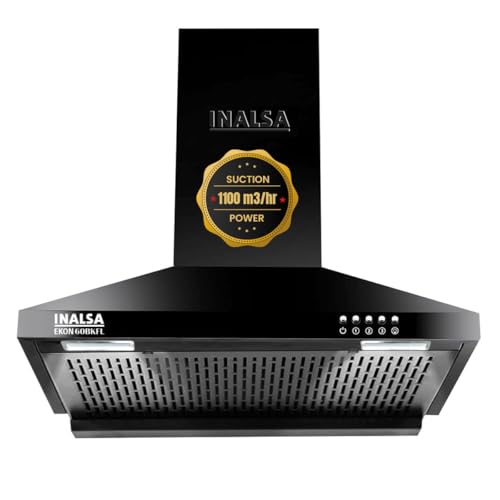 INALSA Pyramid Shape Wall Mount Kitchen Chimney 60 cm|1100 m³/hr Powerful Suction|58 dB Low Noise|Filterless Chimney|Push Button Control|Black Powder 