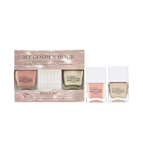 Nails Inc My Golden Hour Duo & Stickers, Long Lasting, Glossy Nail Colour, High Shine, Airy Dry, Full Coverage, Chip Resistant, Salon Quality Manicure, Nail Kit, Cruelty Free, Vegan, 2 Piece Set