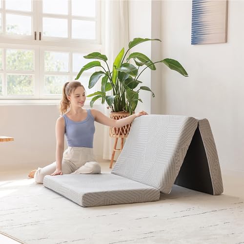 MLILY Tri-Fold Memory Foam Mattress, 4 inch Single Folding Mattress with Collapsible and Washable Cover, Travel and Guest Mat, 75"×25"×4", Grey