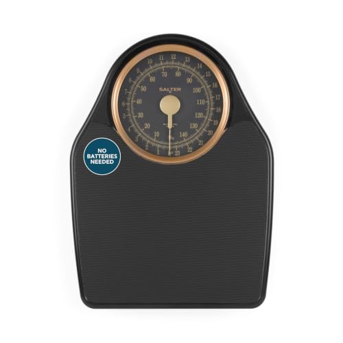 🔥 STARKER PREIS (-41%) Salter 145 GFEU16 Personenwaage mechanisch - Analoge Körperwaage, Badezimmerwaage, max 150kg, Rutschfest, einfach ablesbare Anzeige, keine Batterien Waage, Genaues Wiegen, schwarz/gold