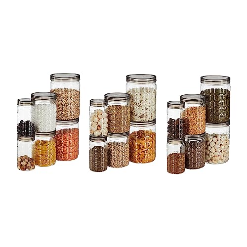 Amazon Brand - Solimo Checkered Jar Container, Set of 18 (6 x 250 ml Each, 6 x 500 ml Each, 6 x 1000 ml Each), Black | Kitchen Organiser | BPA Free | 