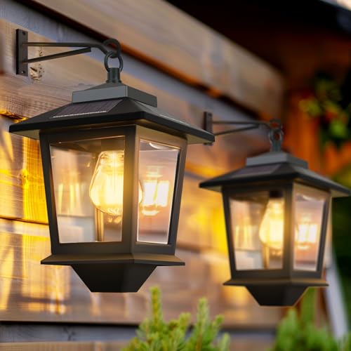 2 Pack Solar Wall Lanterns with Replaceable Bulb,Outdoor Hanging Lights with 4 Solar Panels,Dusk to Dawn Led Outdoor Wall Sconce, Anti-Rust Waterproof Lanterns with Hooks,3000K Warm White