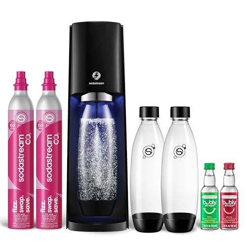SodaStream - E-TERRA Soda Maker | VALUE BUNDLE | 3 Automatic Carbonation Levels | Includes 2x CO2 Cylinders, 3x 32 Fl Oz Dishwasher Safe Bottles, 2x Bubly Fruit Flavor Drops, 1x Power Adapter | Black