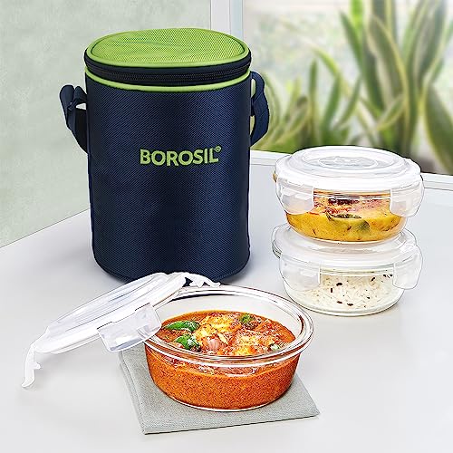 Borosil Lunchbox | 3pc Round Container Set (400 ml Each) | Made in India Borosilicate Glass | Microwave & Dishwasher Safe | Tiffin for Office, School,