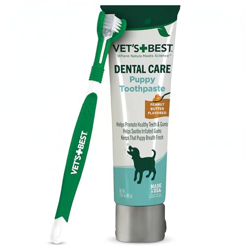 Vet's Best Dog Toothpaste & Toothbrush Kit for Puppies – Puppy Essentials – Dog Toothbrush & Toothpaste for Young Dogs- Perfect for Puppy Teething, Freshens Breath - Peanut Butter Flavor, 3.5 oz