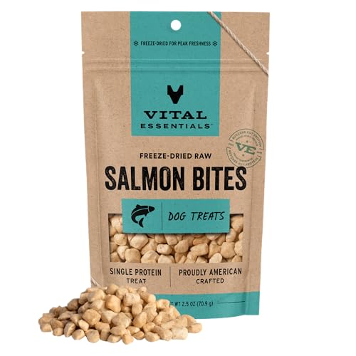 Vital Essentials Salmon Bites Dog Treats, 2.5 oz | Freeze-Dried Raw | Single Protein | Premium Quality High Protein Training Treats | Grain Free, Gluten Free, Filler Free