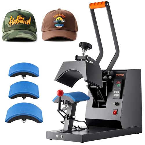 VEVOR 4-in-1 Heat Press Machine for Hats with 6x3inches Curved Teflon-Coated Heat Plate, Easy Temperature Control Non-Slip Base, Four Replaceable Elements 6x3/6.7x2.7/6.7x3.8/8.1x3.5inches
