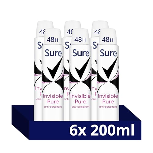 Sure Invisible Pure Anti-Perspirant Aerosol Women's Deodorant Spray that protects against white marks and yellow stains for 48 hour protection against sweat and odour 6x 200 ml