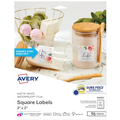 Avery Durable Waterproof Labels, Sure Feed Technology, 2" x 2" Square Labels, Oil-Resistant, Print-to-The-Edge, Laser/Pigment-Inkjet, 96 Total (64510)