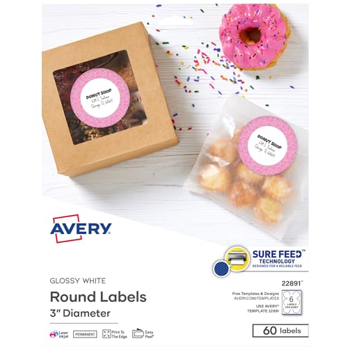 Avery Glossy White Labels, Sure Feed Technology, 3" Round Labels, Print-to-The-Edge, Laser/Inkjet, 60 Total (22891)