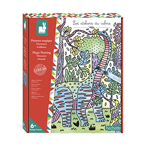 Janod - Magic Painting Set - Dinosaurs - Les Ateliers du Calme - Children’s Arts & Crafts Kit - 6 Colour-Your-Own Dinosaur Pictures - Fine Motor Skills & Concentration - 6 Years +, J07873
