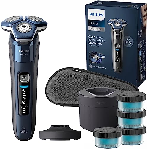 (-34%) PHILIPS Shaver Series 7000 – Elektrischer Rasierer für Herren, Nass- und Trockenrasierer, ausklappbarer Trimmer, Reinigungsstation, 4 x Reinigungskartuschen, Ladestation & Reiseetui (Modell S7885/63)