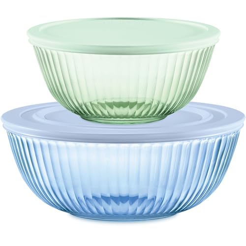 Pyrex Colors Tinted 4-PC, Medium/Large Glass Mixing Bowls With Lids, Nesting Space Saving Set of Bowls For Prepping and Baking, 2.3QT & 4.5QT