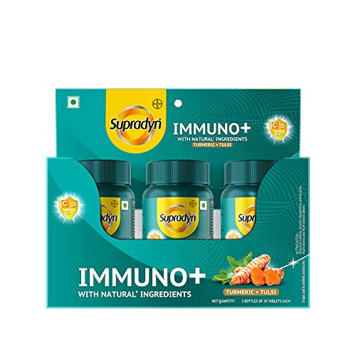 Supradyn Immuno +, Multivitamin, Natural immunity booster with Vit C, Vit D, Zinc, Unique blend of Tulsi, Turmeric, Shatavari & Ashoka (90 Tabs)