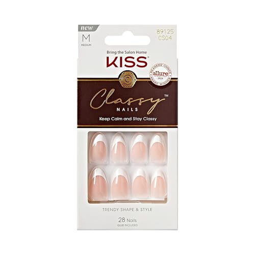 KISS Classy, Press On Nails, Nail glue included, 'Dashing', Light White, Medium Size, Almond Shape, Includes 28 Nails, 2g glue, 1 Manicure Stick, 1 Mini File