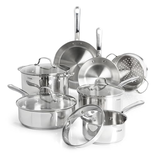 T-fal Stainless Steel Cookware Set, 11 Piece, Induction Cookware, Oven Safe to 500°F, Kitchen Cooking Set w/Fry Pans, Pots and Pans, Dutch Oven, Saucepans, Kitchen Essentials, Silver