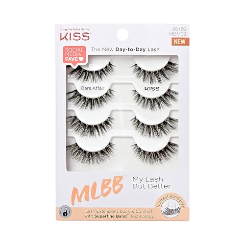 KISS My Lash But Better False Eyelashes Multipack, 'Bare Affair', 12mm, Superfine Band Technology, Easy to Apply, Reusable, Lightweight, Voluminous, Comfortable, Includes 4 Pairs Of Strip Lashes