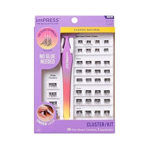 KISS imPRESS Falsies Press On Self Adhesive Eyelashes, 12mm-14mm Natural Volume Press On Lashes, Black, No Glue Needed, Invisible Band, 20 Lash Clusters & Non-Stick Applicator - Natural
