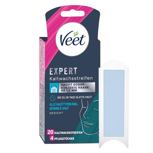 🔥 STARKER PREIS (-28%) Veet Expert Kaltwachsstreifen Gesicht - Wachsstreifen zur Haarentfernung für alle Hauttypen inkl. sensibler Haut - 10 Doppelstreifen = 20 Streifen