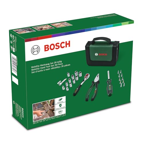 🔥 STARKER PREIS (-48%) Bosch Mobility-Handwerkzeug-Set, 26-teilig (kompaktes und mobiles Werkzeug-Set für Heimwerkerarbeiten und unterwegs; 1/4"-Ratsche; Kombizange; Universalschraubendreher; in Stofftasche)