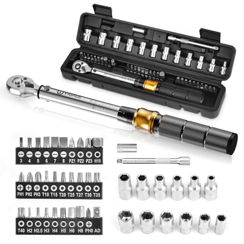 (-13%) Drehmomentschlüssel Fahrrad 5-25 Nm, VIGRUE Drehmomentschlüssel 1/4 Zoll, ±4% Genauigkeit, Torque Wrench Set mit Ratsche, Verlängerungsstange, Universalgelenk, Zündkerzenhülse, Bits für Motorrad, Auto