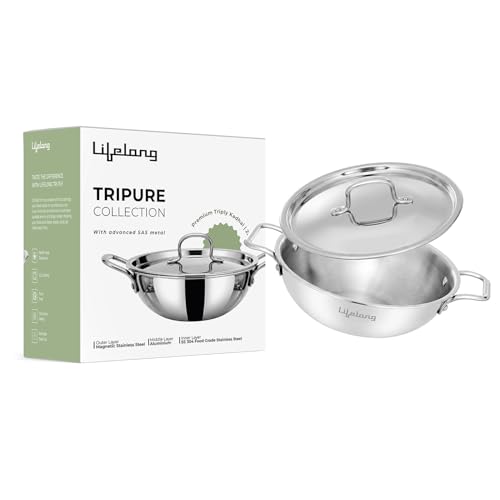 Lifelong LLTPDK003 Triply Deep Kadai with Riveted Handles with Stainless Steel Lid 2.8 litres Capacity (24 cm Diameter, Induction and Gas Stove Friend