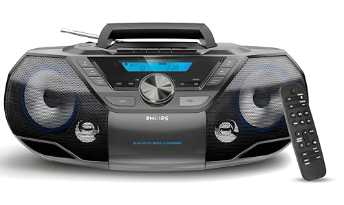 Philips Portable CD Player Boombox Bluetooth with Cassette Player All in one Powerful Stereo Boom Box CD Player for Home Mega Bass Reflex Speakers, Radio/USB/MP3/AUX Input with Backlight LCD Display