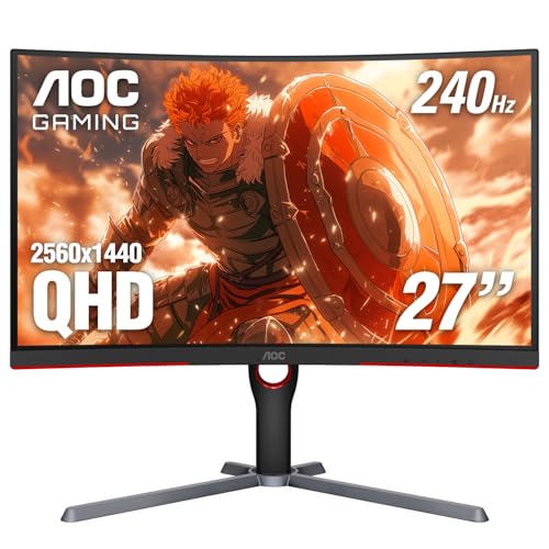 AOC CQ27G3Z 27" Curved Gaming Monitor, QHD 2K 2560x1440, 1000R VA, 240Hz 0.5ms, FreeSync Premium, Height Adjustable Stand, Xbox PS5 Switch, 3-Year Zero-Bright-dot,Black