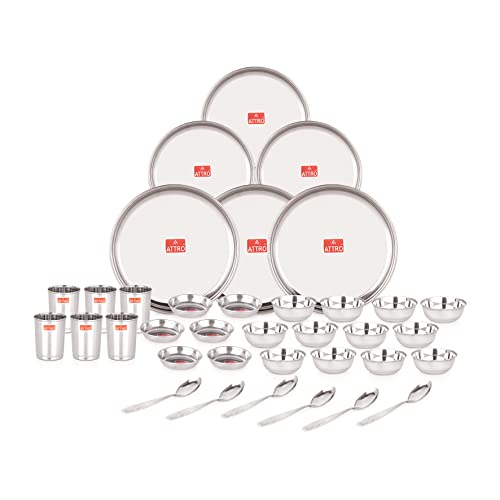 36 Pieces Smart Stainless Steel Dinnerware/Dinner Set - 6 Thali, 6 D.Plate, 12 Bowl, 6 Glass, 6 Spoon, Kitchen Set for Home & Restaurants, Family - Si
