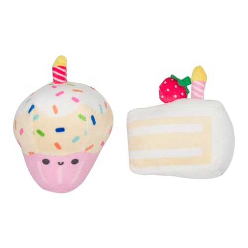 Pearhead Happy Birthday Cake Cat Toy Set, Stuffed Birthday Cake and Cupcake Cat Toys with Catnip and Squeakers, Interactive Fun Kitten Toys, Pet Owner Pet Birthday Gift, Ideal for Cat Lovers, Set of 2