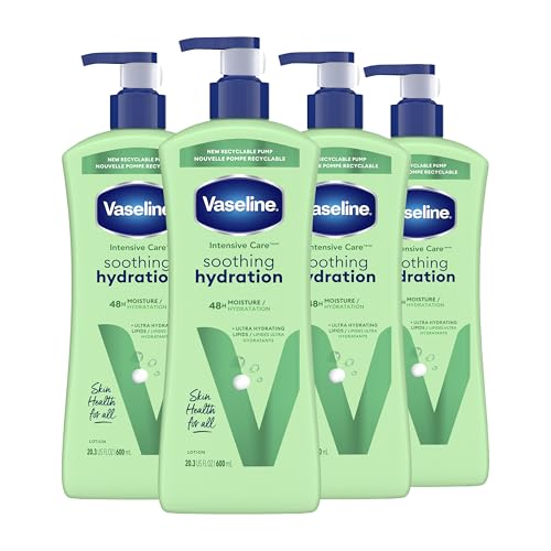 Vaseline Intensive Care Body Lotion 4 Count Soothing Hydration for Dry Skin with Ultra-Hydrating Lipids + 1% Aloe Vera Extract to Refresh Dehydrated Skin 20.3 Oz