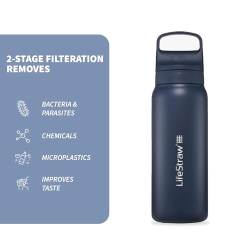 LifeStraw Go Series — Insulated Stainless Steel Water Filter Bottle for Travel and Everyday Use Removes Bacteria, Parasites and Microplastics, Improves Taste, 24oz Aegean Sea