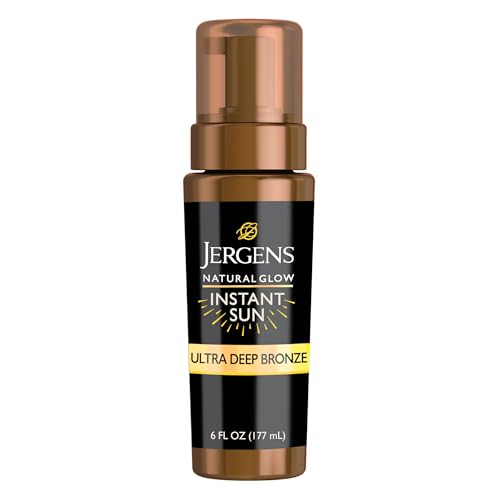 Jergens Natural Glow Instant Sun Body Mousse, Self Tanner for Ultra Deep Bronze Tan, Sunless Tanning Body Bronzer, Natural Looking Fake Tan, 6 Oz