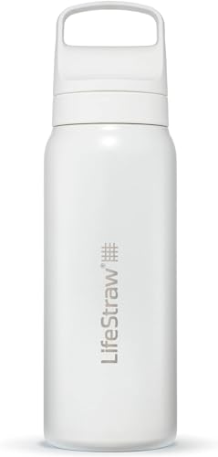 LifeStraw Go Series — Insulated Stainless Steel Water Filter Bottle for Travel and Everyday Use Removes Bacteria, Parasites and Microplastics, Improves Taste, 24oz Polar White