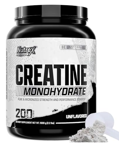 Nutrex Research Micronized Creatine Monohydrate Powder - 200 Servings (1KG) Pure, Unflavored Creatine Monohydrate Supplement for Muscle Gain, Strength and Performance, 5G Per Serv (2.2lbs)