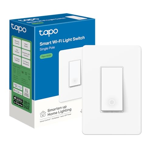TP-Link Tapo Smart Light Switch, Single Pole, Neutral Wire Required, 2.4GHz Wi-Fi Light Switch Compatible with Alexa and Google Home, UL Certified, No Hub Required, White (Tapo S500)