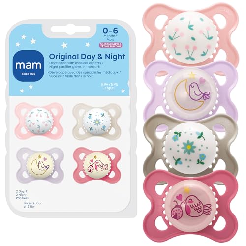MAM Original Day & Night Pacifiers, Binky Pacifier for 0-6 Months, BPA-Free Silicone, Glows in The Dark, Best for Newborn Babies, Developed with Medical Experts, 4 Count Binkies
