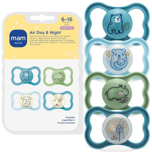 MAM Air Night & Day Baby Pacifier, for Sensitive Skin, Glows in The Dark, 6-16 Months, Baby Boy, 4 Count