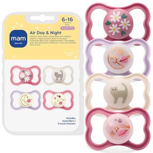 MAM Air Night & Day Baby Pacifier, for Sensitive Skin, Glows in The Dark, 6-16 Months, Girl, 4 Count