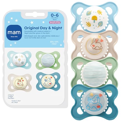 MAM Original Day & Night Pacifiers, Binky Pacifier for 0-6 Months, BPA-Free Silicone, Glows in The Dark, Best for Newborn Babies, Developed with Medical Experts, 4 Count Binkies