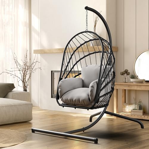 (-55%) YITAHOME Grau Hängesessel mit Gestell, Rattan-Korb Schaukelstuhl mit strapazierfähiger Polsterung, 160 kg Tragfähigkeit, Garten, Schlafzimmer, Balkon, Outdoor oder Indoor Schaukel Sessel