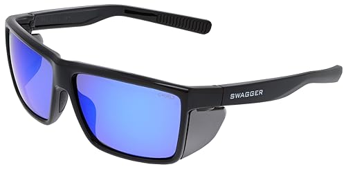 MCR Safety SR218BZ Swagger SR2 Series Safety Glasses with Thermo Plastic Rubber Nose Pads and Detachable Side Shields, Black Frame, Blue Diamond Mirror Polarized Lens