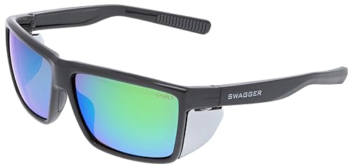 MCR Safety SR22BGZ Swagger SR2 Series Safety Glasses with Thermo Plastic Rubber Nose Pads and Detachable Side Shields, Charcoal Frame, Green Mirror Polarized Lens