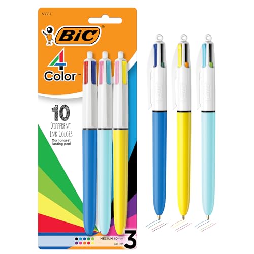 BIC 4-Color Retractable Ballpoint Pen, Long-Lasting Ink and Comfortable Wide Barrel, 3-Count Pack in Assorted Ink