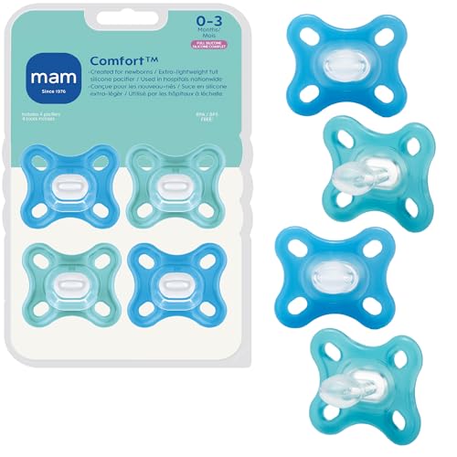 MAM Comfort Baby Pacifiers, Lightweight One-Piece Full Silicone Binky for Newborns 0-3 Months, BPA-Free Nipple, Easy to Clean Pacifier, Best for Breastfed Babies, 4 Count Binkies